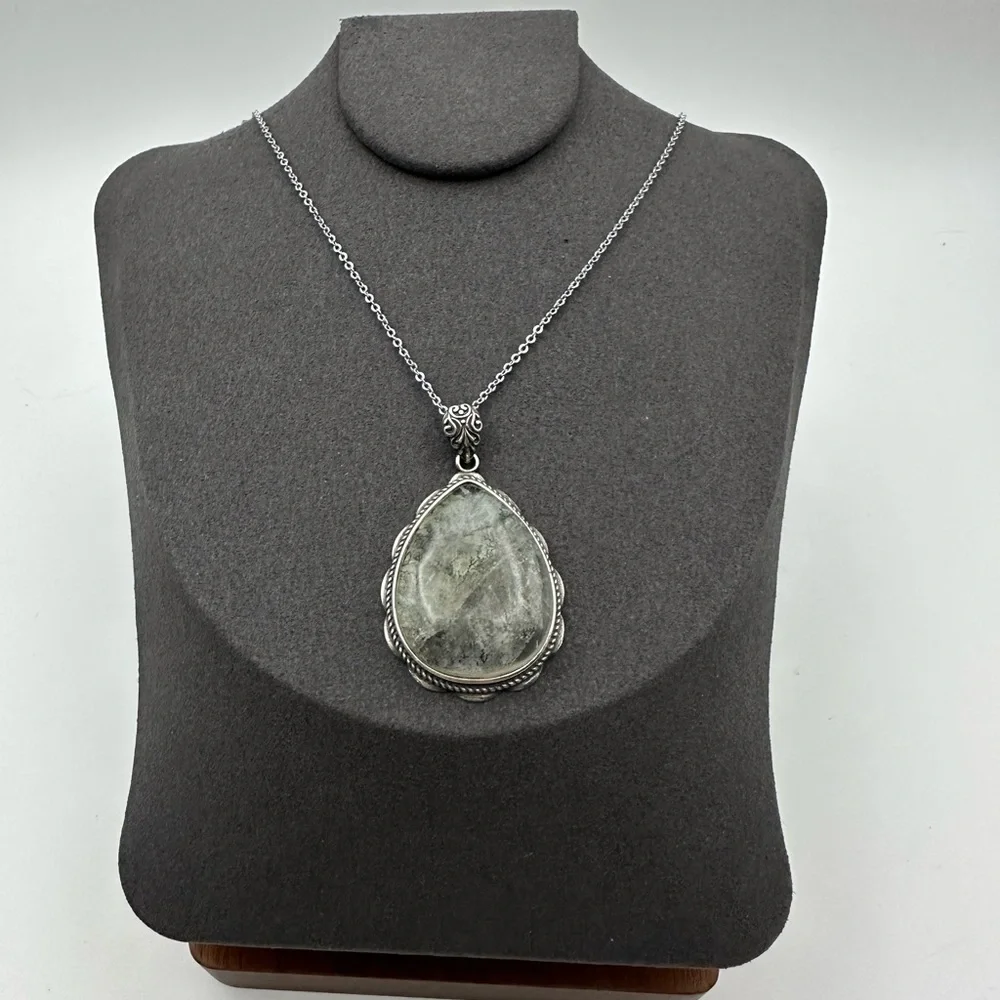 Dendritic Agate Teardrop Pendant in Silver 925 Setting on Silver 925 Chain - Picture 3 of 16